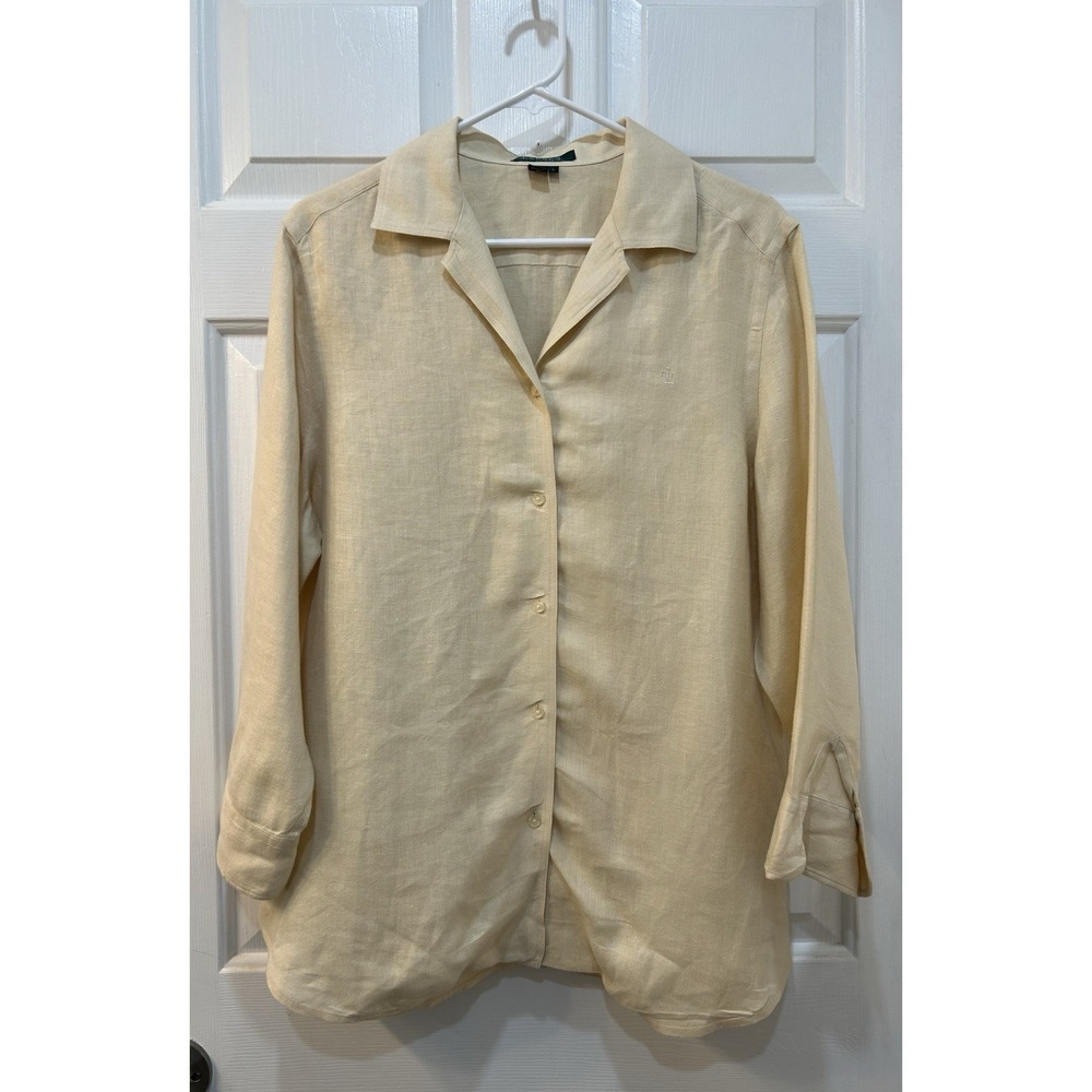 Lauren Ralph Lauren 100% Linen Butter Yellow Button Front Blouse Sz L Minimal